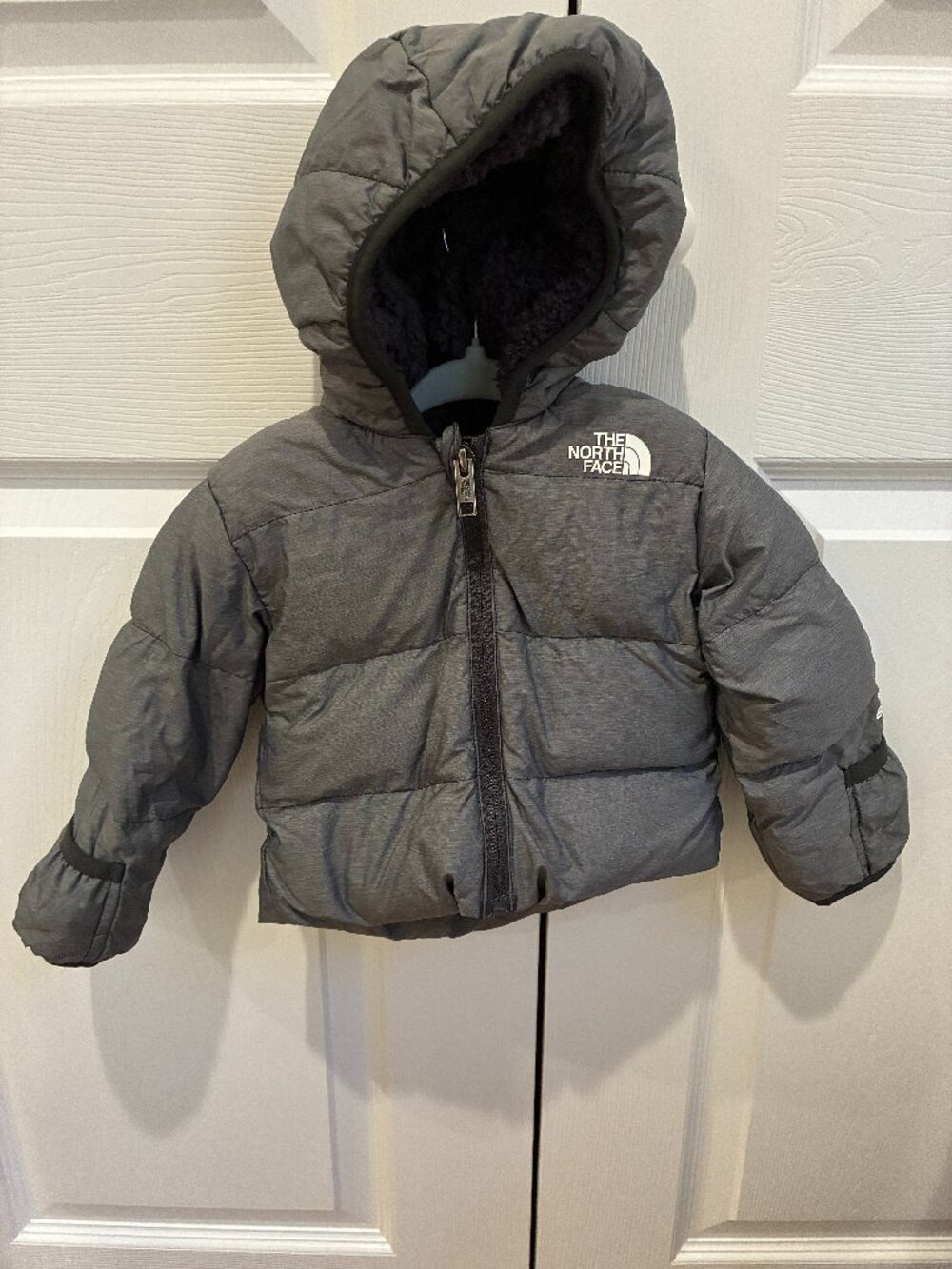 Gray North Face puffjer jacket, Size 3-6M